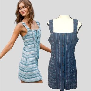 ROXY | Striped Button-Front Mini Dress - Sleeveless Square Neck Pinafore Dress